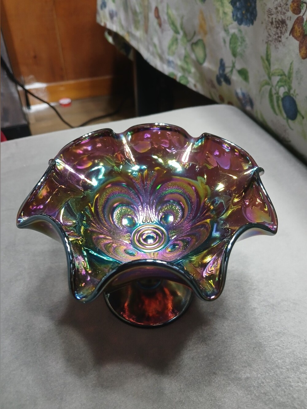 Antique Imperial Amethyst Scroll Embossed Carnival Glass Compote Iridescent